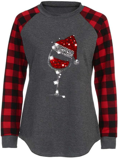 Women'S Christmas Hat Wine Glass Print Long-Sleeved Red Plaid Christmas Sweatshirt Christmas Wine Sweatshirt
