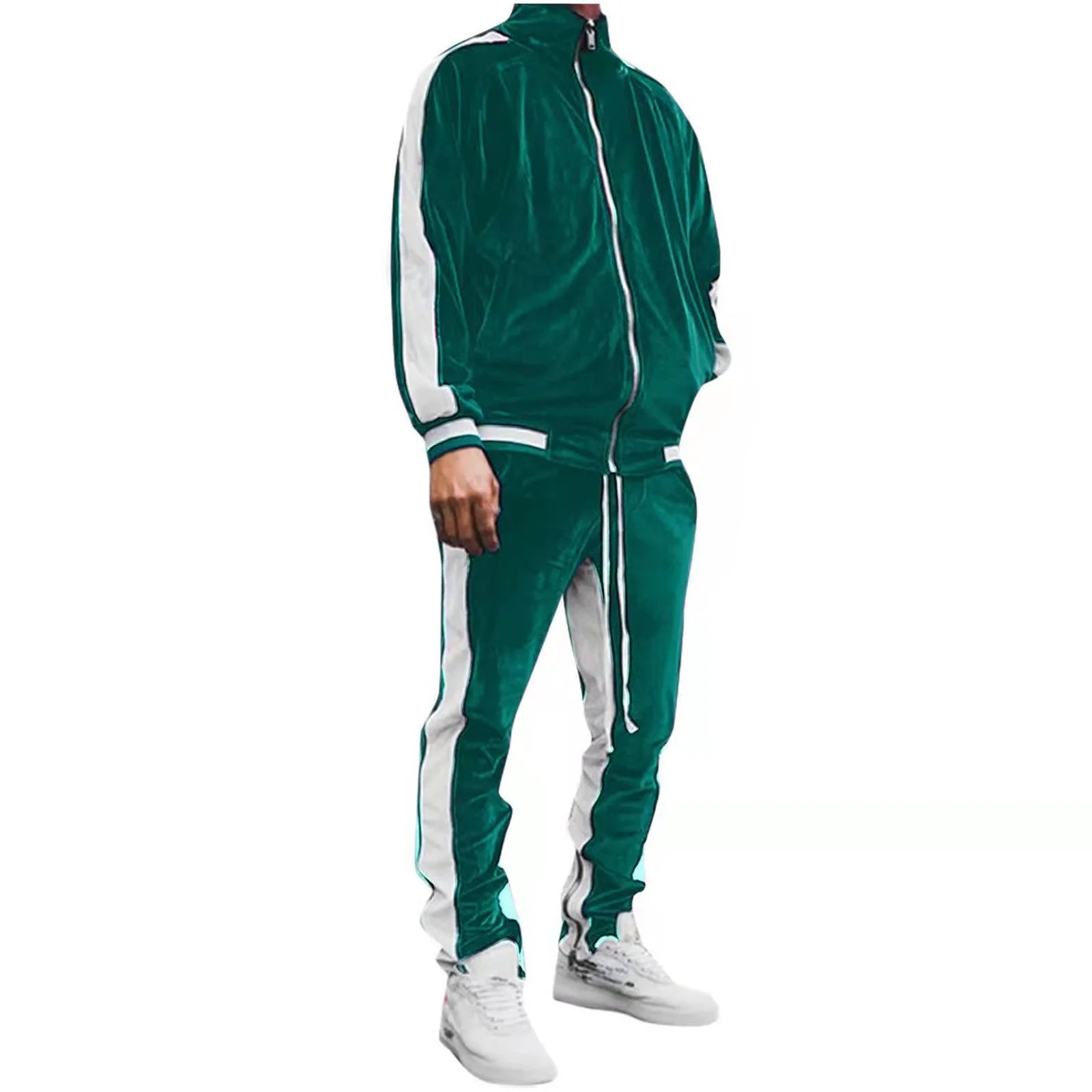 Men'S 2 Piece Sports Outfits Soft Velvet Tracksuit Color Block Casual Zip up Jacket and Sweatpant Sets