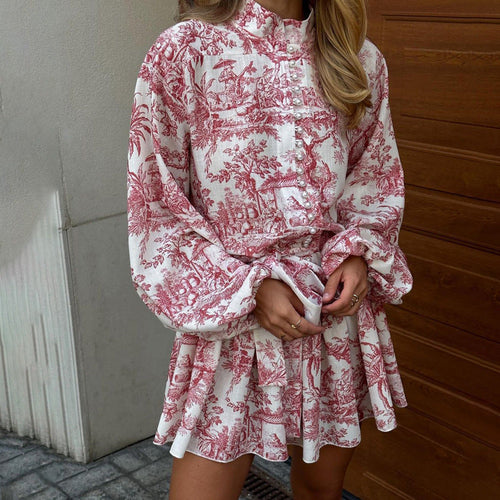 Ink Print Long Sleeve Short Dress With Fashion Puffy Sleeve Lapel Tie