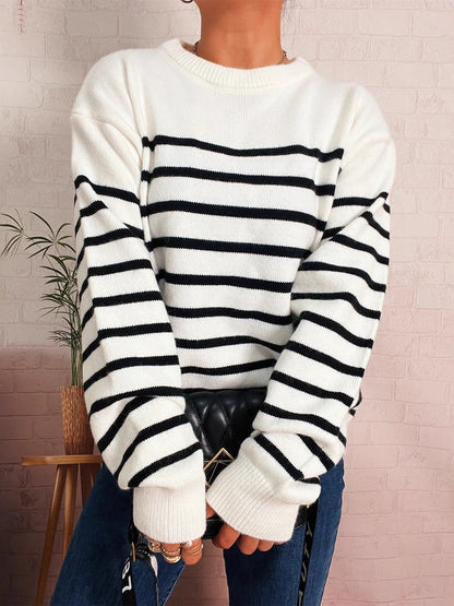 Striped Round Neck Drop Shoulder Sweater