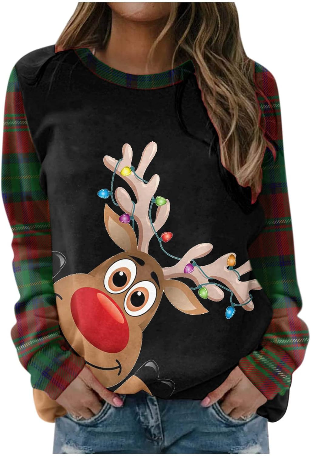 Christmas Women'S round Neck Long Sleeve Sweatshirt Plaid Print Cute Elk Casual Loose Blouse Pullover Tops Brown