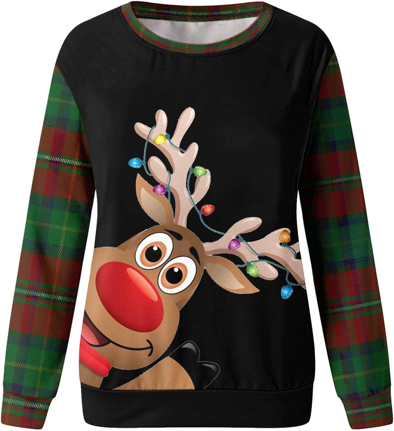 Christmas Women'S round Neck Long Sleeve Sweatshirt Plaid Print Cute Elk Casual Loose Blouse Pullover Tops Brown