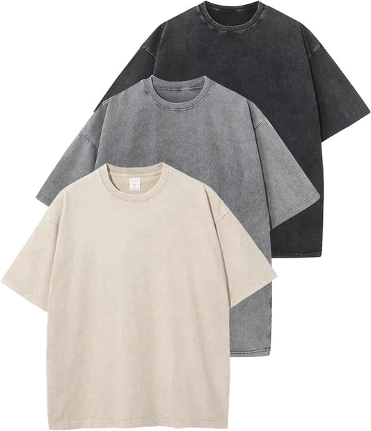 3 Pack Men Oversized T Shirts Vintage Tee Loose Fit Short Sleeve Casual Streetwear Baggy Washed Unisex Tops