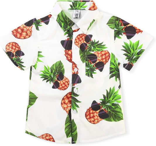 Boys Hawaiian Shirt Pineapple Print Button up Short Sleeve Summer Beach Shirt Lightweight Casual Top