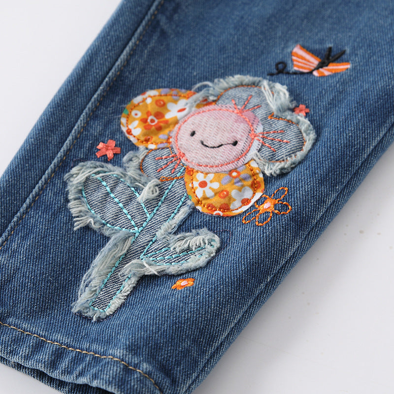 Arrival Autumn Baby Kids Girls Flowers and Cartoon Pattern Denim Pants