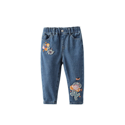 Arrival Autumn Baby Kids Girls Flowers and Cartoon Pattern Denim Pants