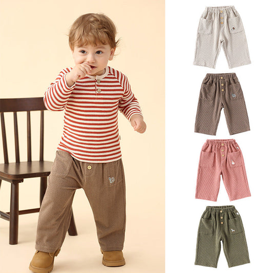 Casual Baby Kids Cartoon Embroidered Pattern Corduroy Pants